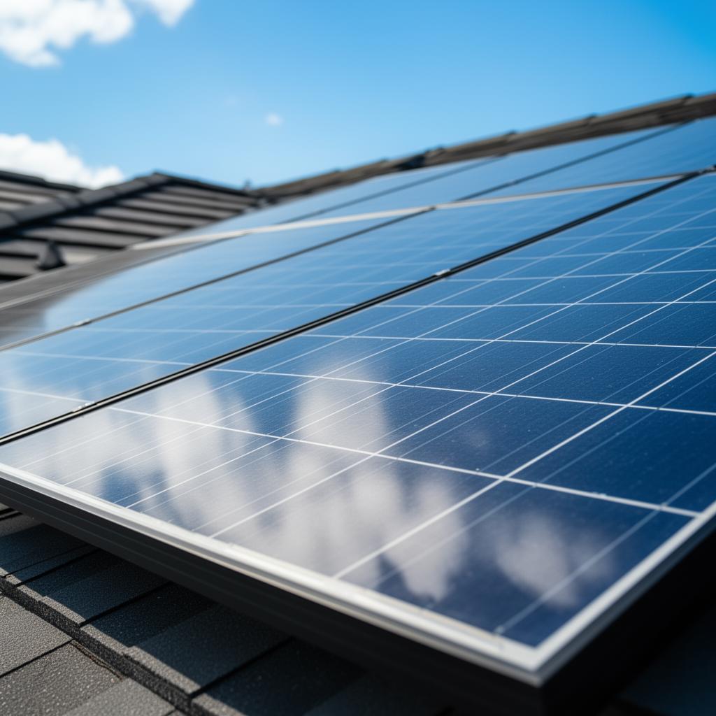 Painéis solares refletindo o céu